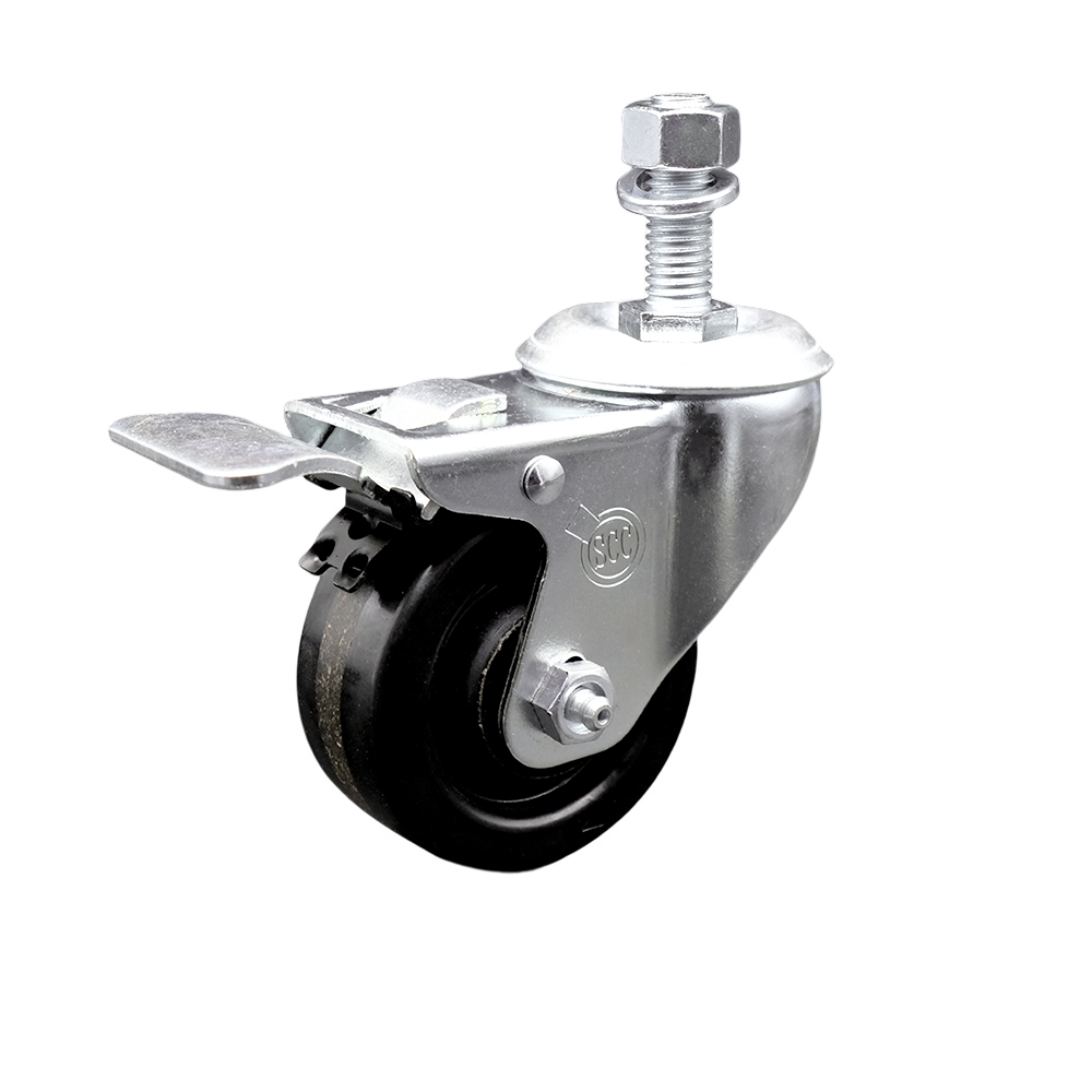 SCC-SSTSTTL20S3514-PHS-M1215 Stainless Steel Phenolic Swivel Threaded Stem Caster with 3.5 x 1.25 in. Black Wheel & 12 mm Stem & Total Locking Brake