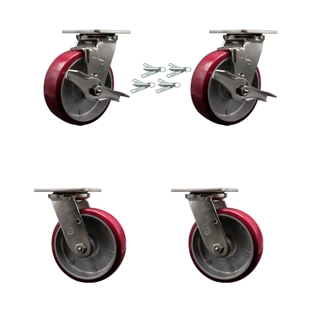 SCC-SS31630S620-PAB-TLB-BSL-2-BSL-2 316 Stainless Steel Heavy Duty Swivel Caster Set with 6 in. Poly on Aluminum Wheels & Ball Bearing