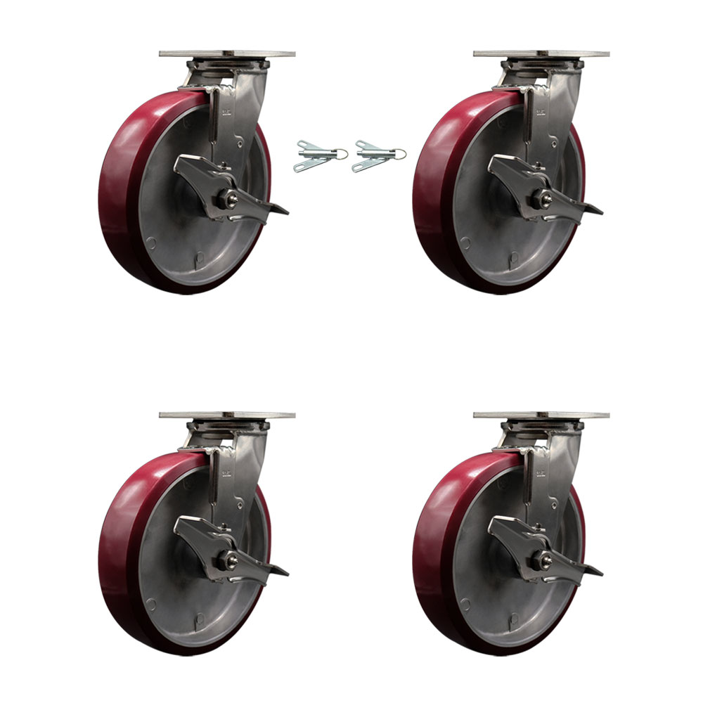 SCC-SS31630S820-PAB-TLB-BSL-2-TLB-2 316 Stainless Steel Heavy Duty Swivel Caster Set with 8 in. Polyurethane on Aluminum Wheels & Ball Bearing