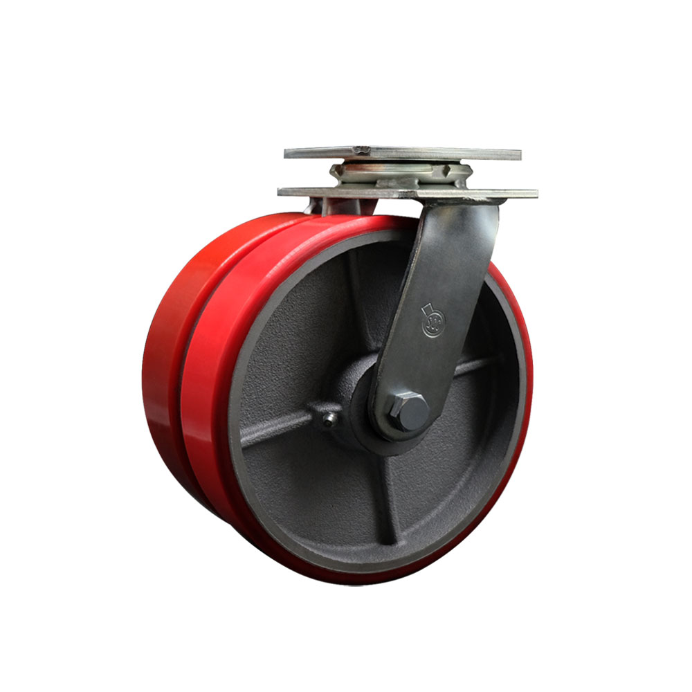 Heavy Duty Swivel Top Plate Caster with Dual 8 in. Red Polyurethane on Cast Iron Wheels & Ball Bearings - 1250 lbs Capacity per Caster