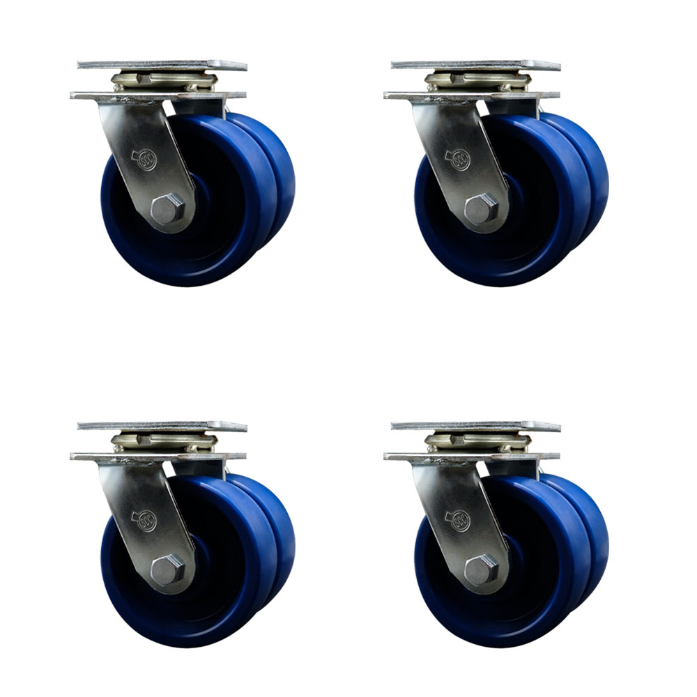 SCC-DW30CS520-SPUR-4 Heavy Duty Swivel Caster with Dual 5 in. Solid Polyurethane Wheels - 5000 lbs Total Capacity - Set of 4