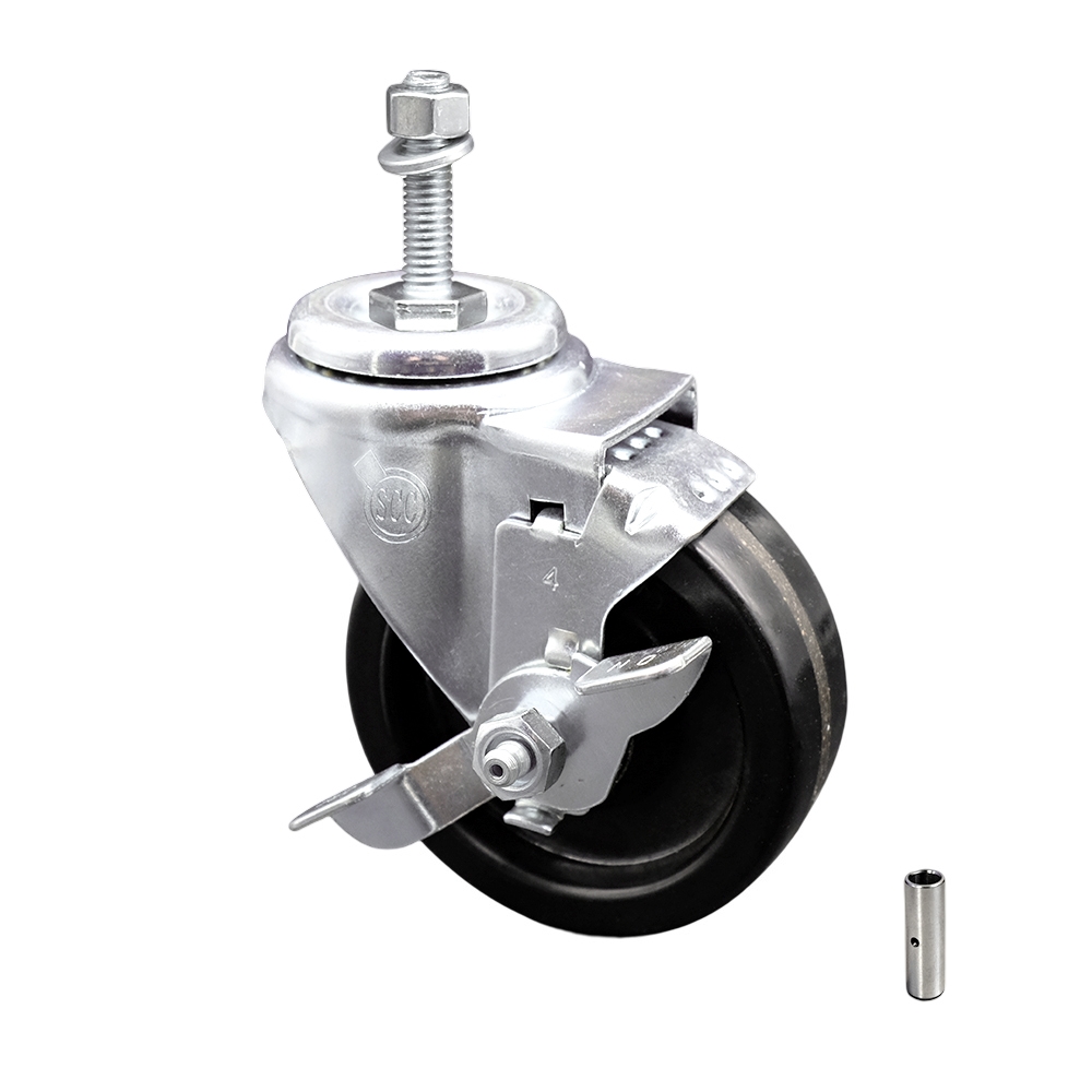 SCC-TS20S414-PHS-TLB-M1015 Phenolic Swivel Threaded Stem Caster with 4 x 1.25 in. Black Wheel & 10 mm Stem & Top Locking Brake