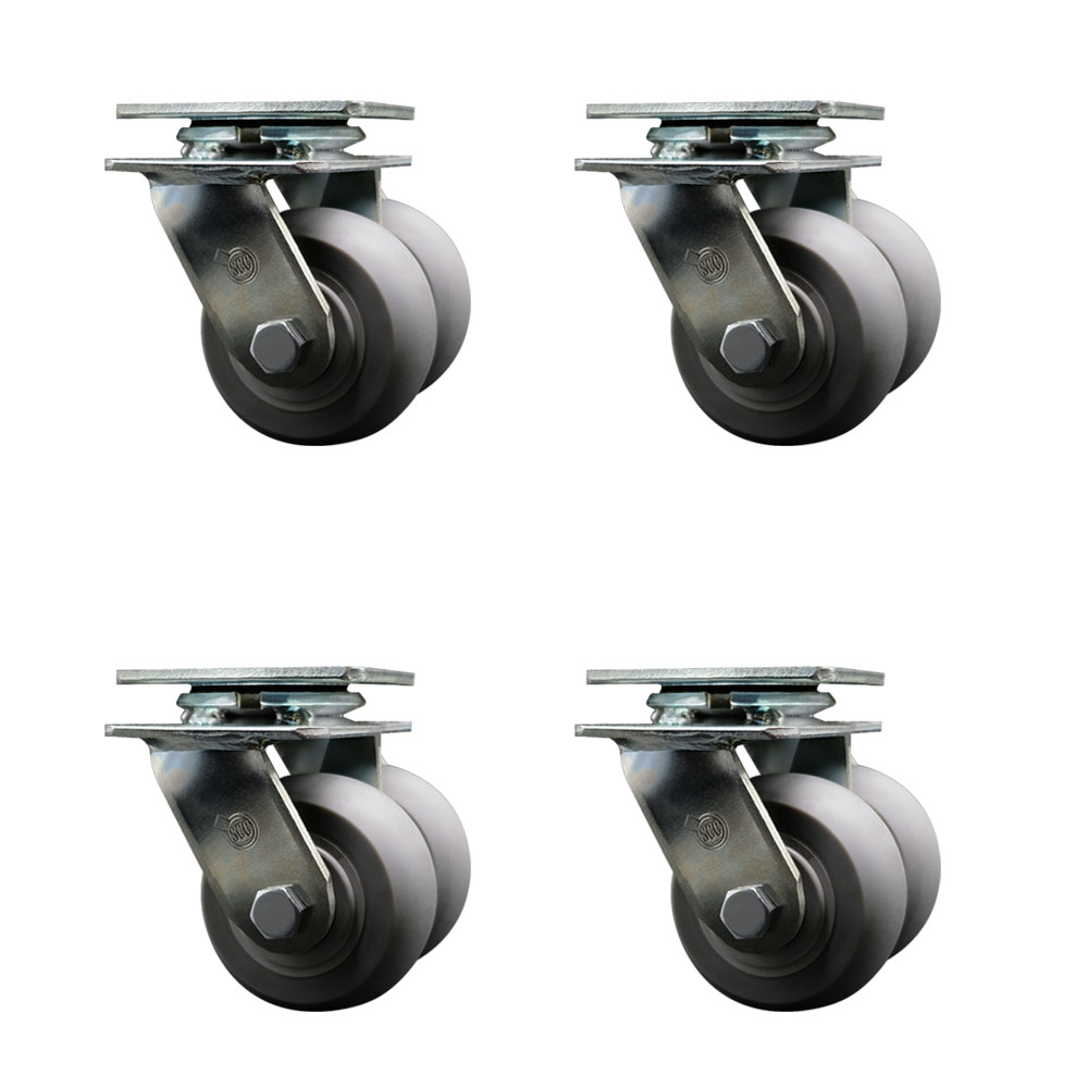 Heavy Duty Swivel Caster with Dual 4 in. Thermoplastic Rubber Donut Tread Wheels & Ball Bearings - 2400 lbs Total Capacity - Set of 4
