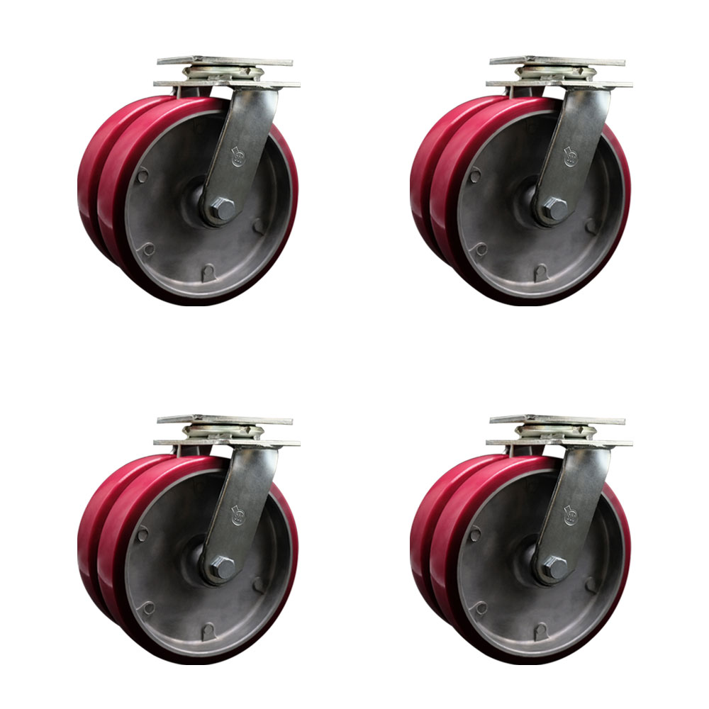 SCC-DW30CS820-PAR-4 Heavy Duty Swivel Caster with Dual 8 in. Polyurethane on Aluminum Wheels - 5000 lbs Total Capacity - Set of 4