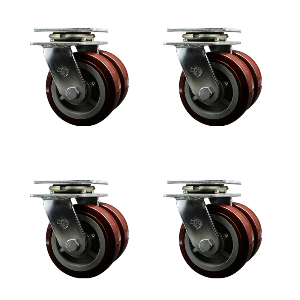 SCC-DW30CS520-PPUB-4 Heavy Duty Swivel Caster with Dual 5 in. Polyurethane Wheels & Ball Bearings - 5000 lbs Total Capacity - Set of 4