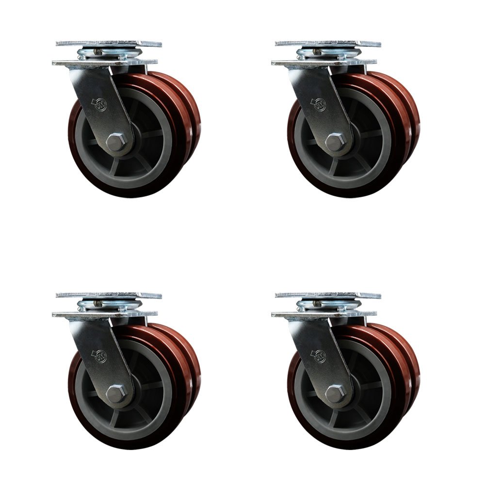SCC-DW30CS620-PPUB-4 Heavy Duty Swivel Caster with Dual 6 in. Polyurethane Wheels & Ball Bearings - 5000 lbs Total Capacity - Set of 4