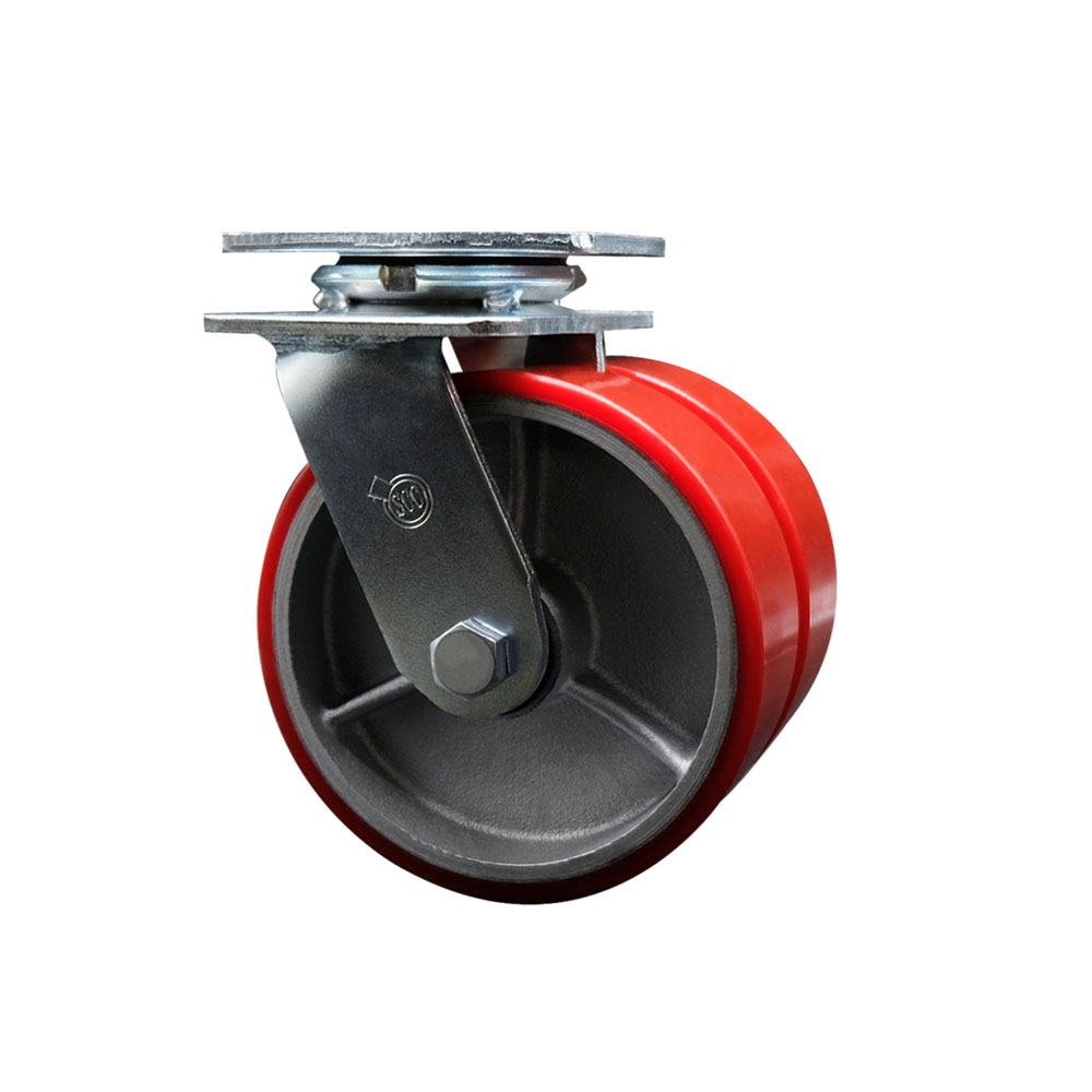 Heavy Duty Swivel Top Plate Caster with Dual 6 in. Red Polyurethane on Cast Iron Wheels & Ball Bearings - 1250 lbs Capacity per Caster