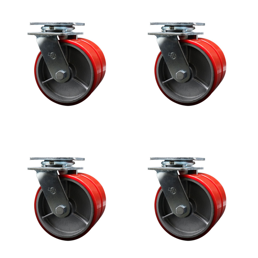 SCC-DW30CS620-PUR-RS-4 Heavy Duty Swivel Caster with Dual 6 in. Red Polyurethane on Cast Iron Wheels - 5000 lbs Total Capacity - Set of 4