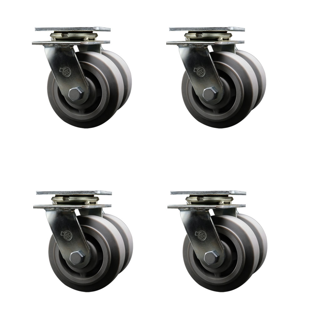 Heavy Duty Swivel Caster with Dual 5 in. Thermoplastic Rubber Flat Tread Wheels & Ball Bearings - 2800 lbs Total Capacity - Set of 4