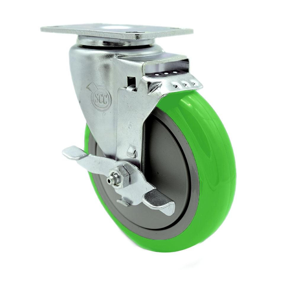 Replacement Caster for Uline Caster H-5540SWB - Swivel Top Plate Caster with 5 in. Green Polyurethane Wheel & Top Lock Brake