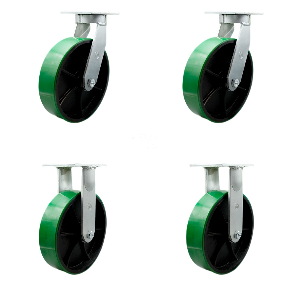 Extra Heavy Duty Kingpinless 10 x 3 in. Green Poly on Cast Iron Swivel Caster Set for Cranes, Gantries, Hoists & Winches - Set of 4