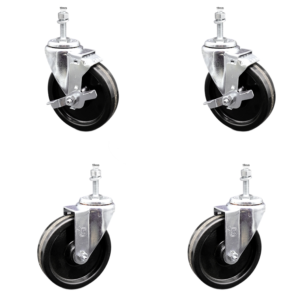 SCC-TS20S514-PHS-M1015-2-TLB-2 Phenolic Swivel Threaded Stem Caster with 5 x 1.25 in. Black Wheels & 10 mm Stems - Set of 4