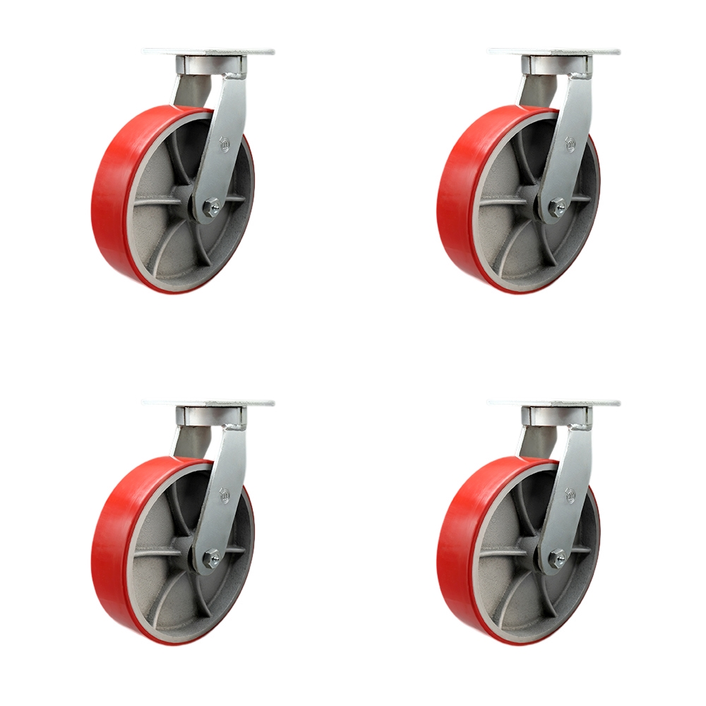Extra Heavy Duty 10 x 3 in. Red Poly on Cast Iron Swivel Caster Set for Cranes, Gantries, Hoists & Winches - Set of 4 - 3000 lbs per Caster