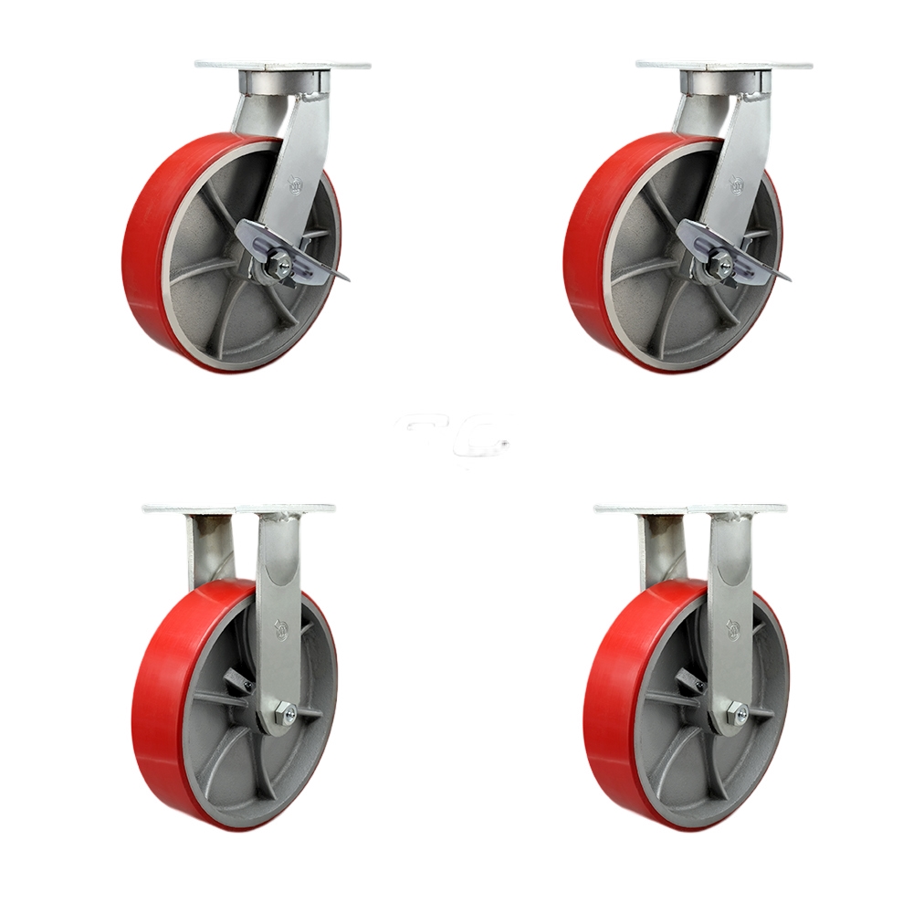 Extra Heavy Duty 10 x 3 in. Red Poly on Cast Iron Swivel Caster Set for Cranes, Gantries, Hoists & Winches - Set of 4 - 3000 lbs per Caster