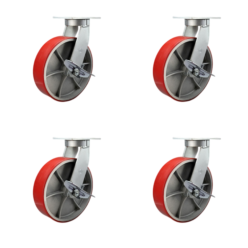 Extra Heavy Duty 10 x 3 in. Red Poly on Cast Iron Swivel Caster Set for Cranes, Gantries, Hoists & Winches - Set of 4 - 3000 lbs per Caster
