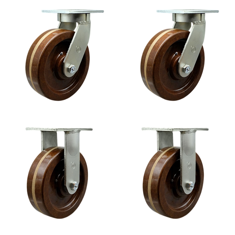 Extra Heavy Duty Kingpinless 12 x 3 in. High Temperature Phenolic Swivel Caster Set for Cranes, Gantries, Hoists & Winches - Set of 4