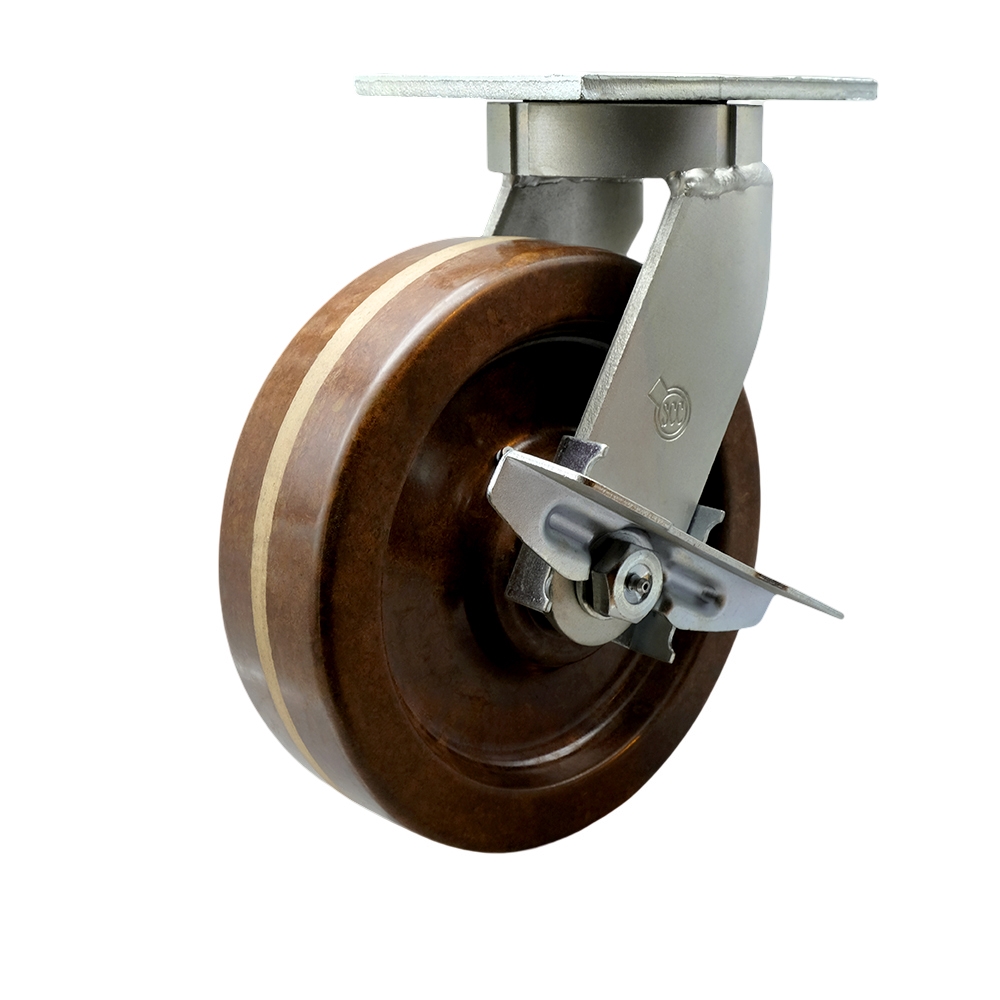 Extra Heavy Duty Kingpinless 12 x 3 in. High Temperature Phenolic Swivel Caster with Side Lock Brake for Cranes, Gantries, Hoists & Winches