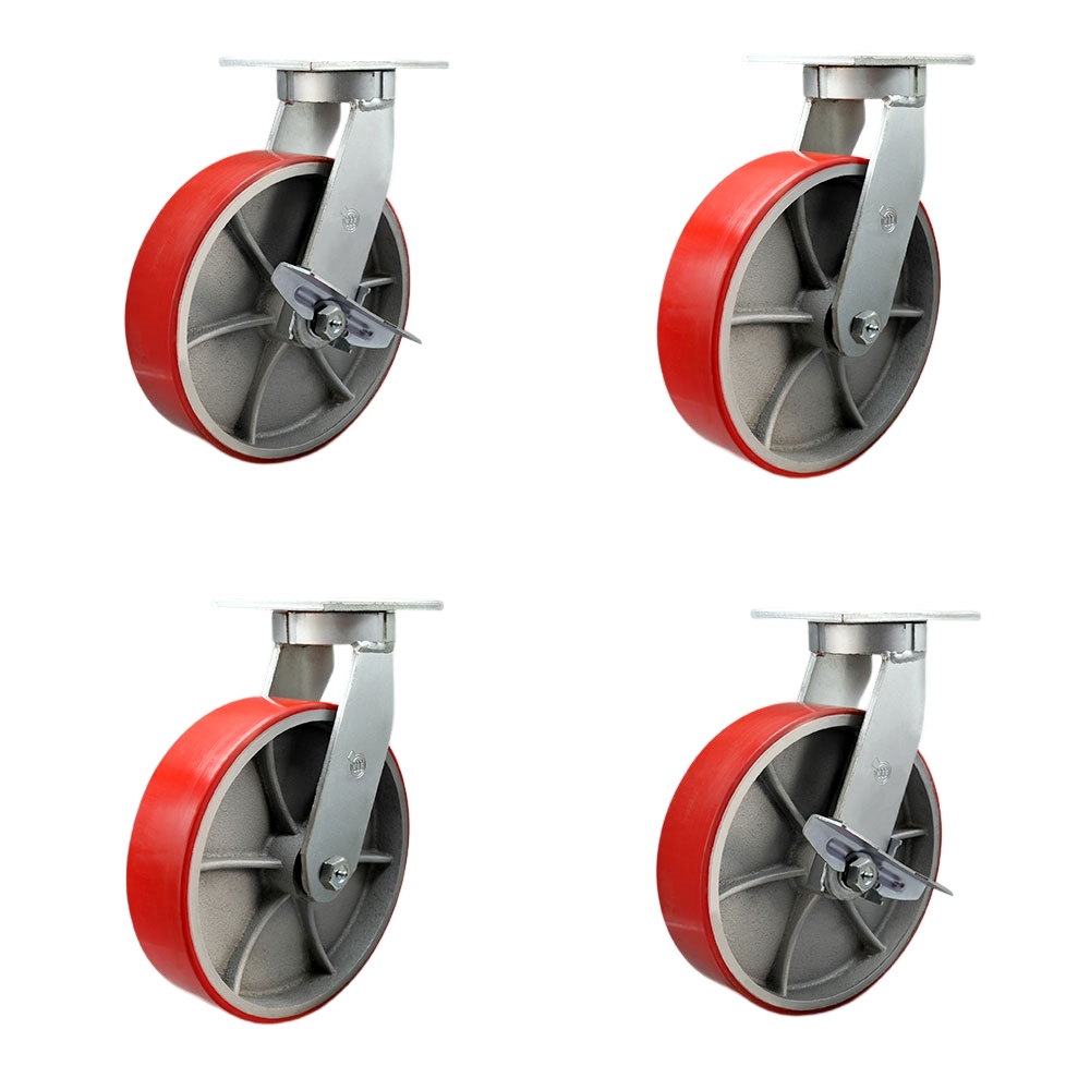 Extra Heavy Duty 12 x 3 in. Red Poly on Cast Iron Swivel Caster Set for Cranes, Gantries, Hoists & Winches - Set of 4 - 3500 lbs per Caster