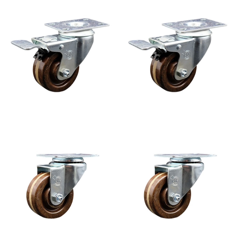 SCC-TTL20S314-PHRHT-2-S-2 High Temperature Phenolic Swivel Top Plate Caster with Roller Bearings 3 in. Wheel - Set of 4