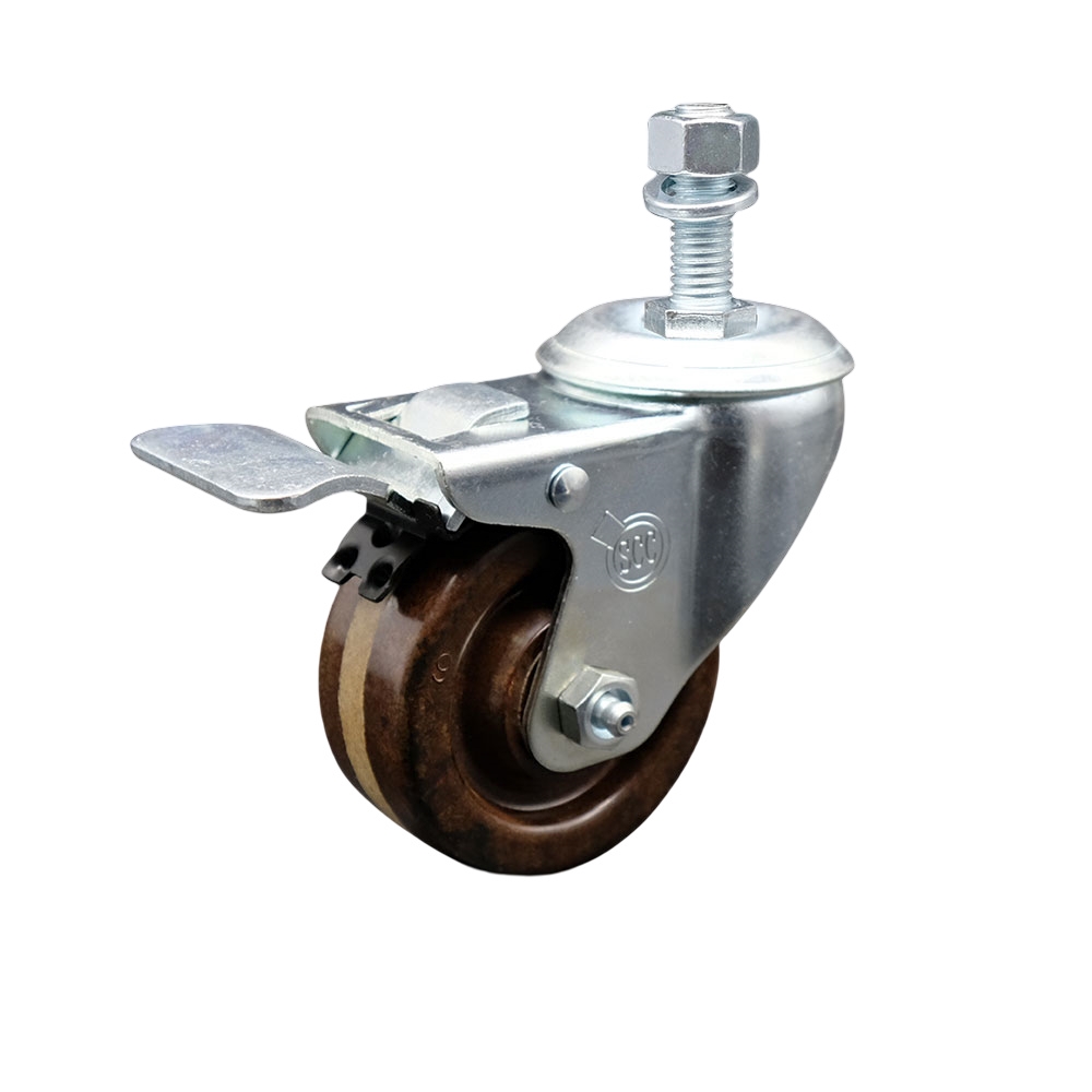 High Temperature Phenolic Swivel Threaded Stem Caster with Roller Bearing 3 x 1.25 in. Brown Wheel & 0.5 in. Stem & Total Locking Brake