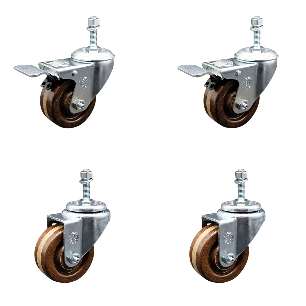 High Temperature Phenolic Swivel Threaded Stem Caster with Roller Bearing 3 x 1.25 in. Brown Wheels & 0.38 in. Stems - Set of 4