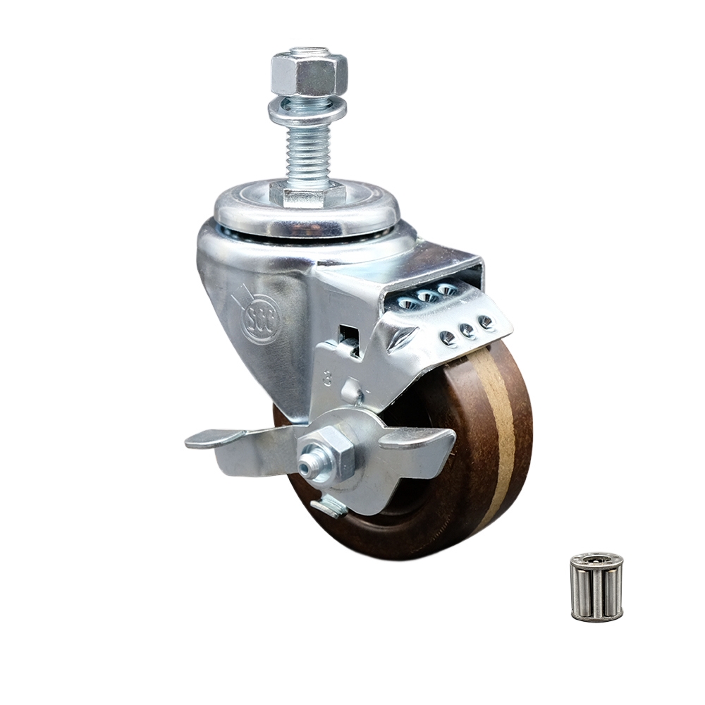 High Temperature Phenolic Swivel Threaded Stem Caster with Roller Bearing 3 x 1.25 in. Brown Wheel & 12 mm Stem & Top Locking Brake