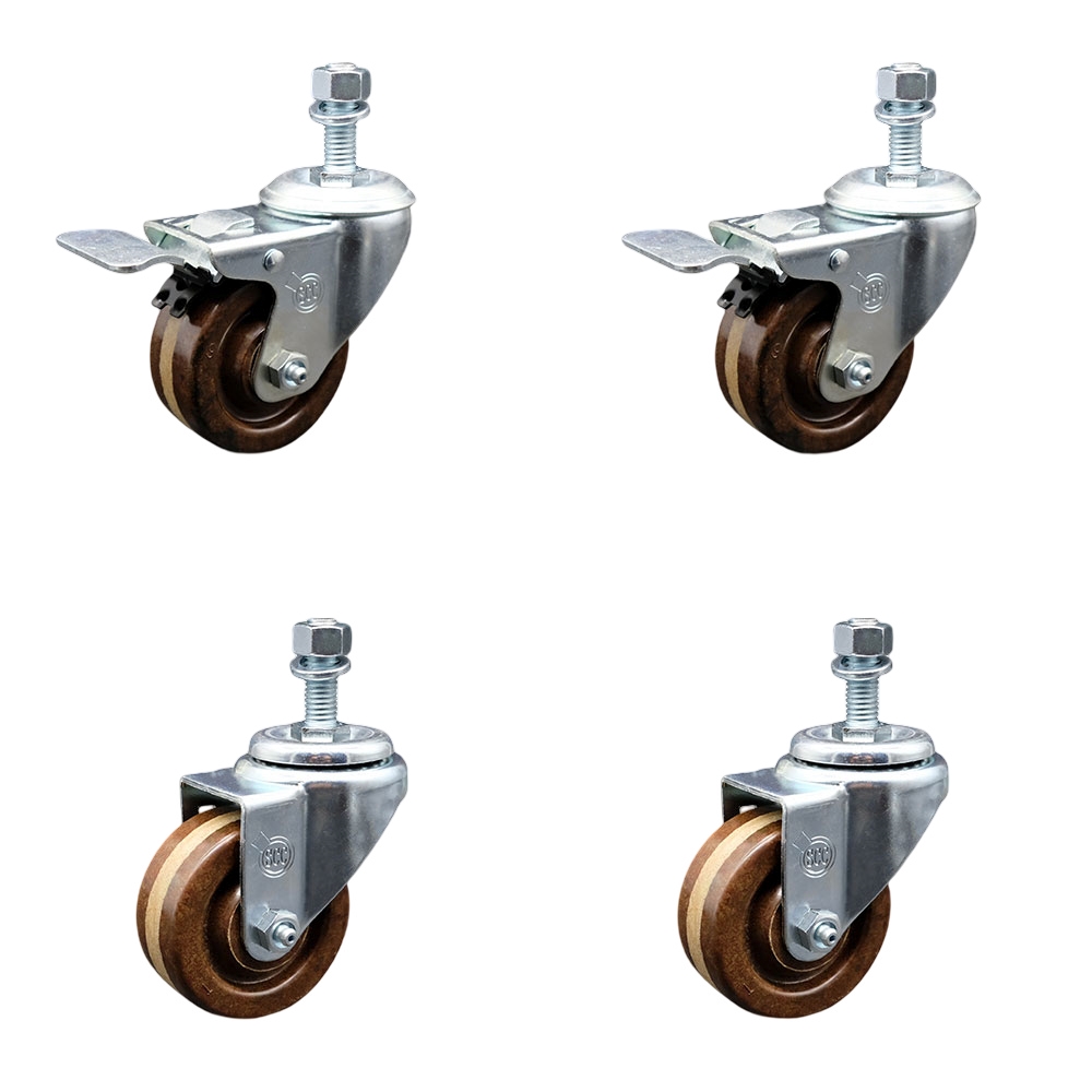High Temperature Phenolic Swivel Threaded Stem Caster with Roller Bearing 3 x 1.25 in. Brown Wheels & 12 mm Stems - Set of 4