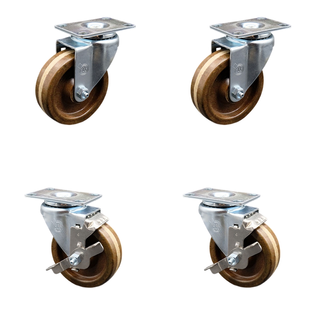 SCC-20S414-PHRHT-2-TLB-2 High Temperature Phenolic Swivel Top Plate Caster with Roller Bearings 4 in. Brown Wheels - Set of 4