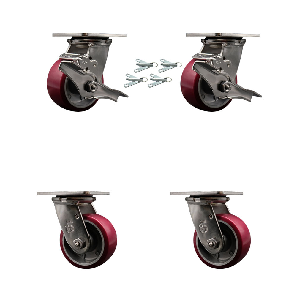 SCC-SS31630S420-PAB-TLB-BSL-2-BSL-2 316 Stainless Steel Heavy Duty Swivel Caster Set with 4 in. Poly on Aluminum Wheels & Ball Bearing