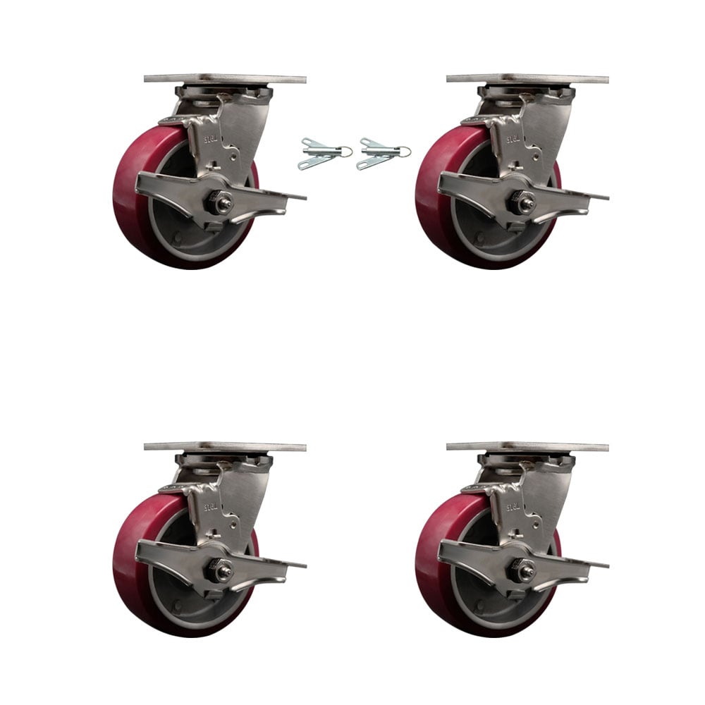SCC-SS31630S520-PAB-TLB-BSL-2-TLB-2 316 Stainless Steel Heavy Duty Swivel Caster Set with 5 in. Polyurethane on Aluminum Wheels & Ball Bearing