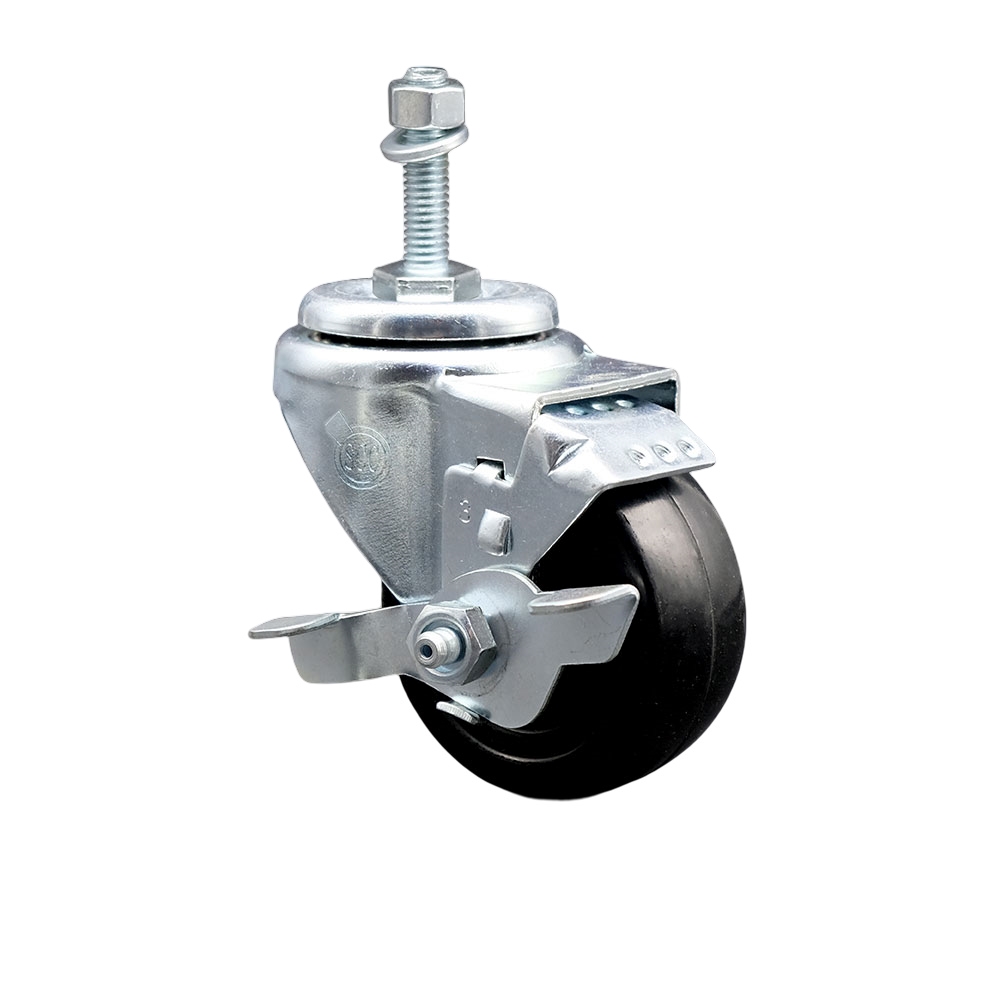 Stainless Steel Hard Rubber Swivel Threaded Stem Caster with 3 x 1.25 in. Black Wheel & 0.38 in. Stem & Top Locking Brake