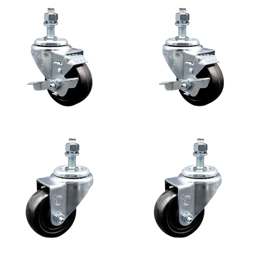 SCC-SSTS20S314-HRS-M1215-2-TLB-2 Stainless Steel Hard Rubber Swivel Threaded Stem Caster with 3 x 1.25 in. Black Wheels & 12 mm Stems - Set of 4