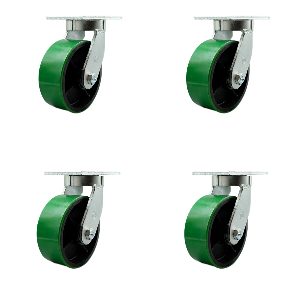 Extra Heavy Duty 8 x 3 in. Green Poly on Cast Iron Swivel Caster Set for Cranes, Gantries, Hoists & Winches - Set of 4 - 2500 lbs per Caster