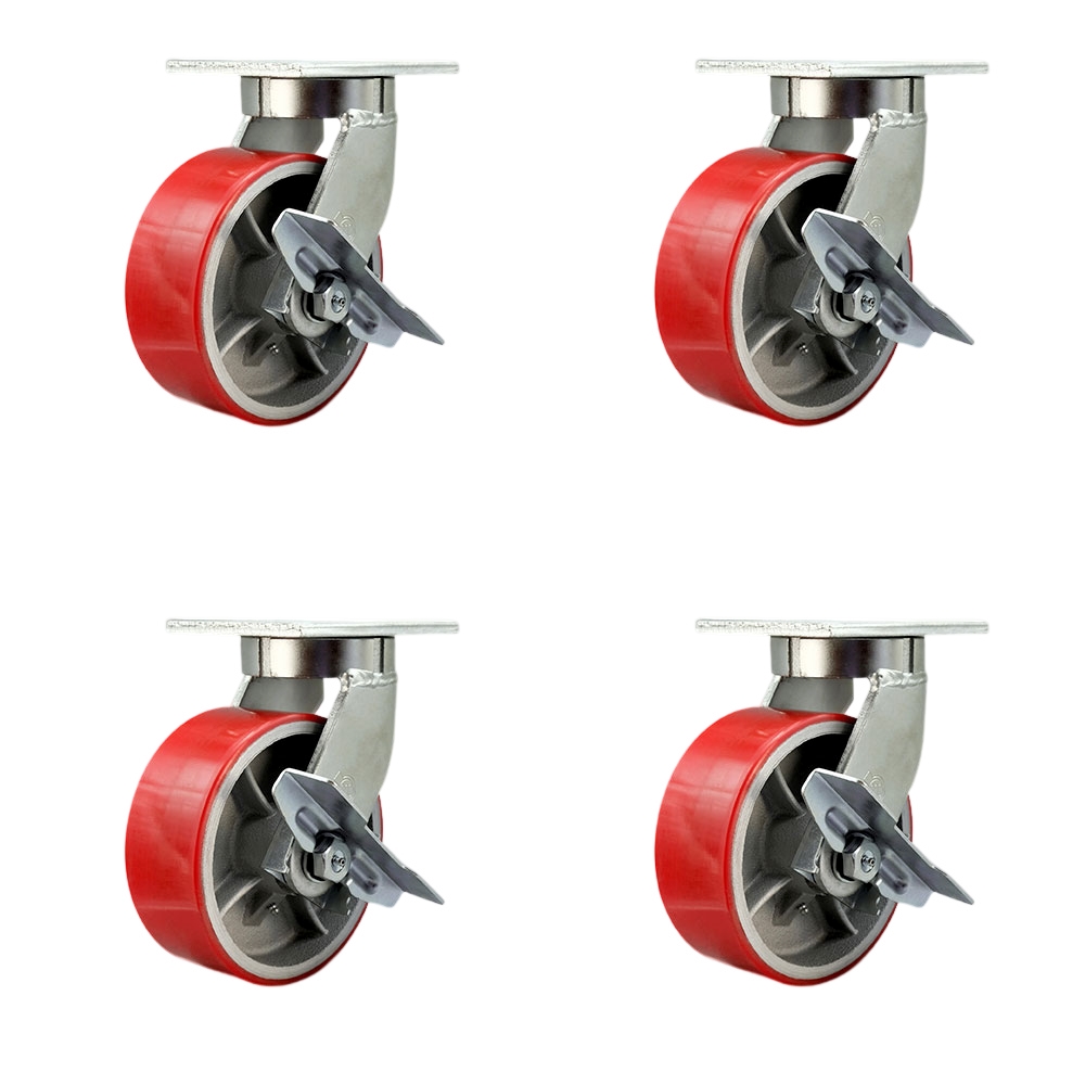 Extra Heavy Duty 8 x 3 in. Red Poly on Cast Iron Swivel Caster Set for Cranes, Gantries, Hoists & Winches - Set of 4 - 2500 lbs per Caster