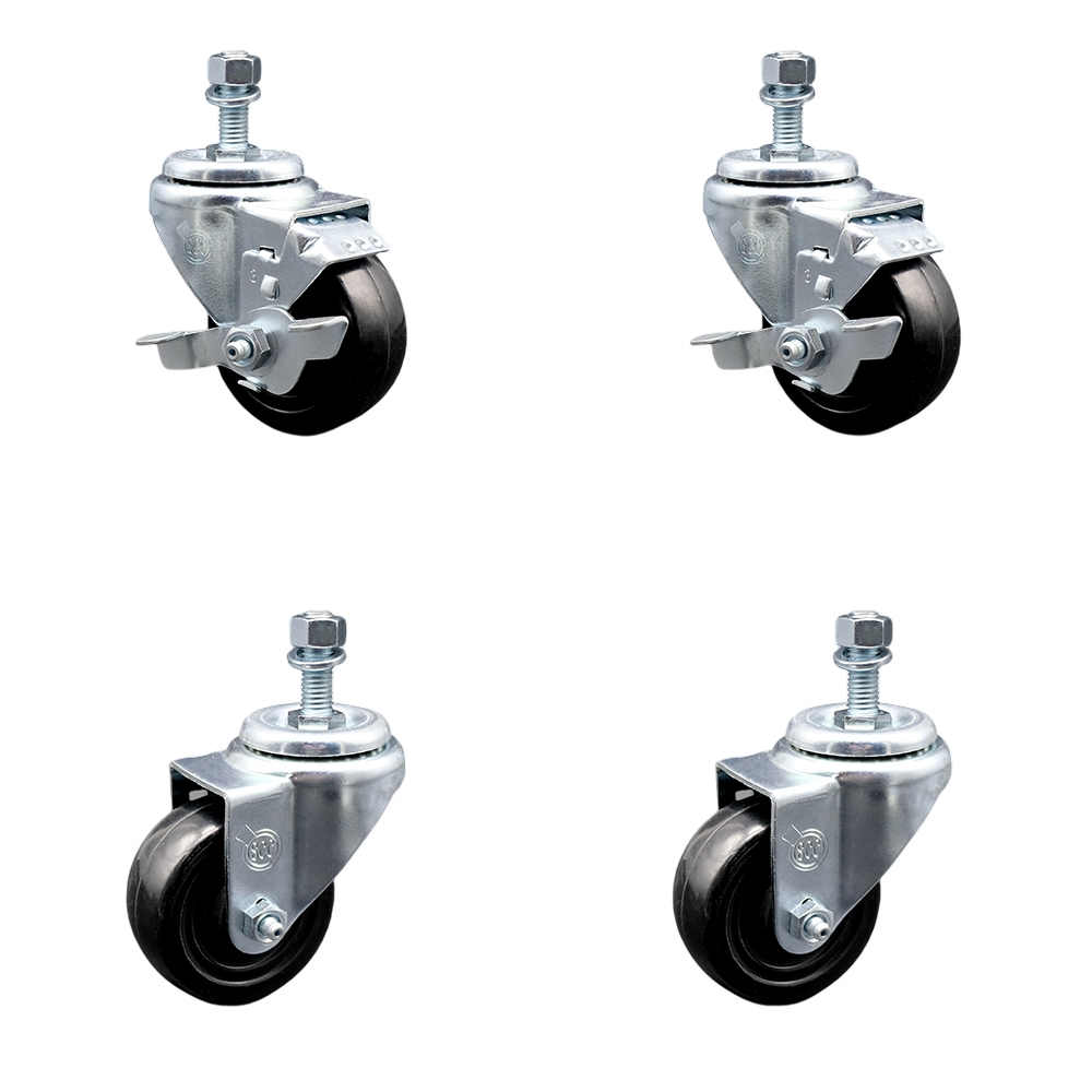 SCC-TS20S3514-HRS-121315-2-TLB-2 Hard Rubber Swivel Threaded Stem Caster with 3.5 x 1.25 in. Black Wheels & 0.5 in. Stems - Set of 4