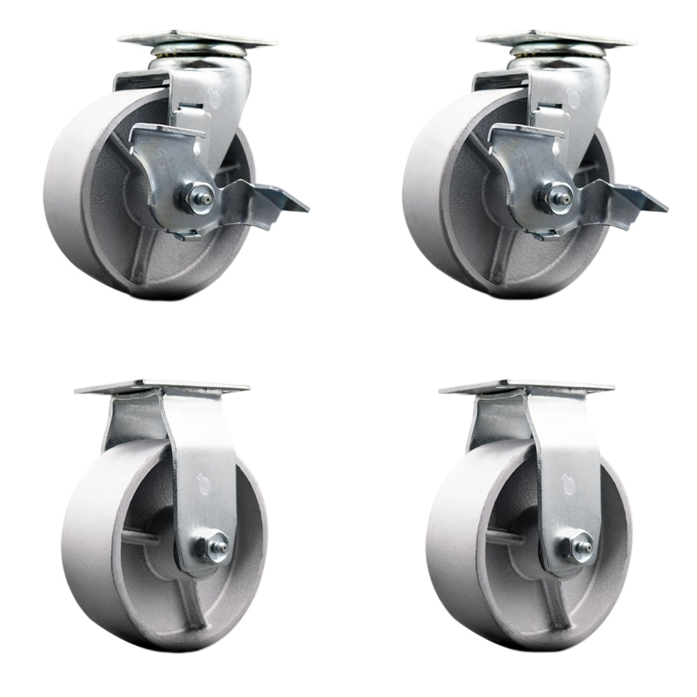 Tool Box Caster Wheel Set - 5 in. Flat Free, Zero Maintenance Semi Steel Cast Iron Wheels - Industrial Grade - 2 Swivel with Top Lock Brakes