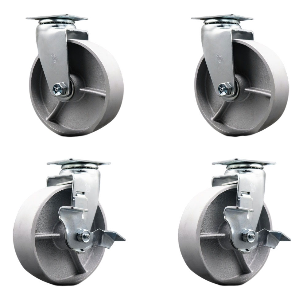 Tool Box Caster Wheel Set - 6 in. Flat Free, Zero Maintenance Semi Steel Cast Iron Wheels - Industrial Grade - 2 Swivel with Top Lock Brakes