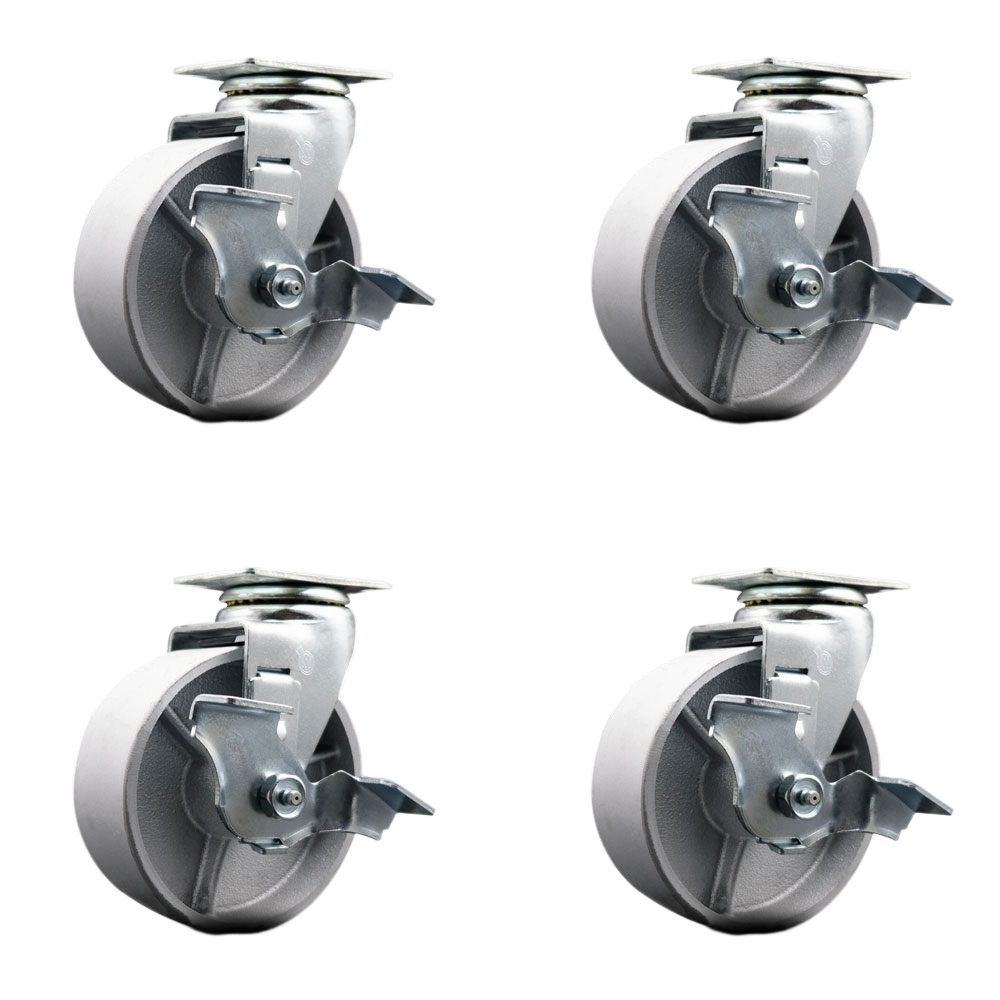Tool Box Caster Wheel Set - 5 in. Flat Free, Easy Rolling Semi Steel Cast Iron Wheels - Industrial Grade - 4 Swivel Casters with Top Lock Brakes