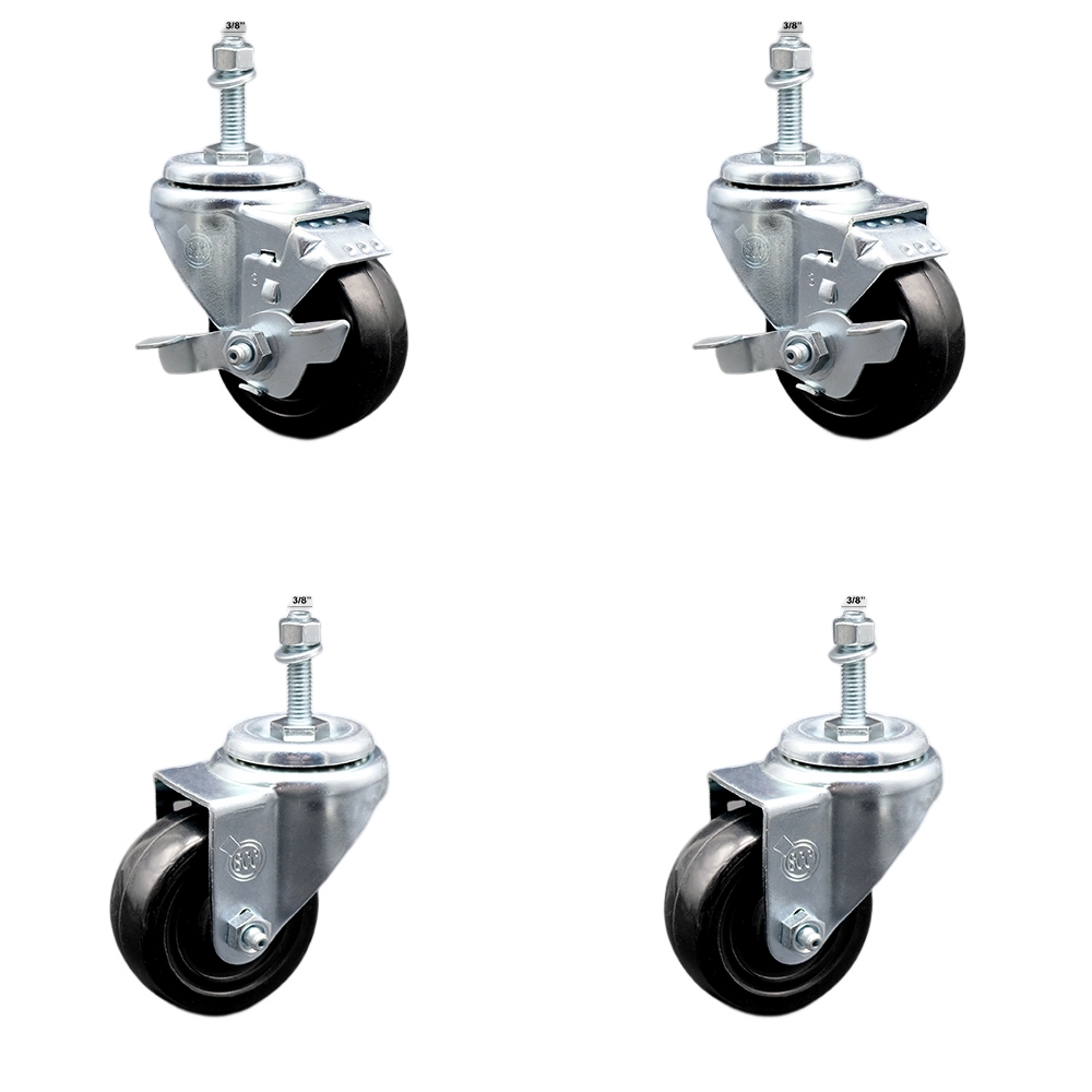 Stainless Steel Hard Rubber Swivel Threaded Stem Caster with 3.5 x 1.25 in. Black Wheels & 0.38 in. Stems - Set of 4