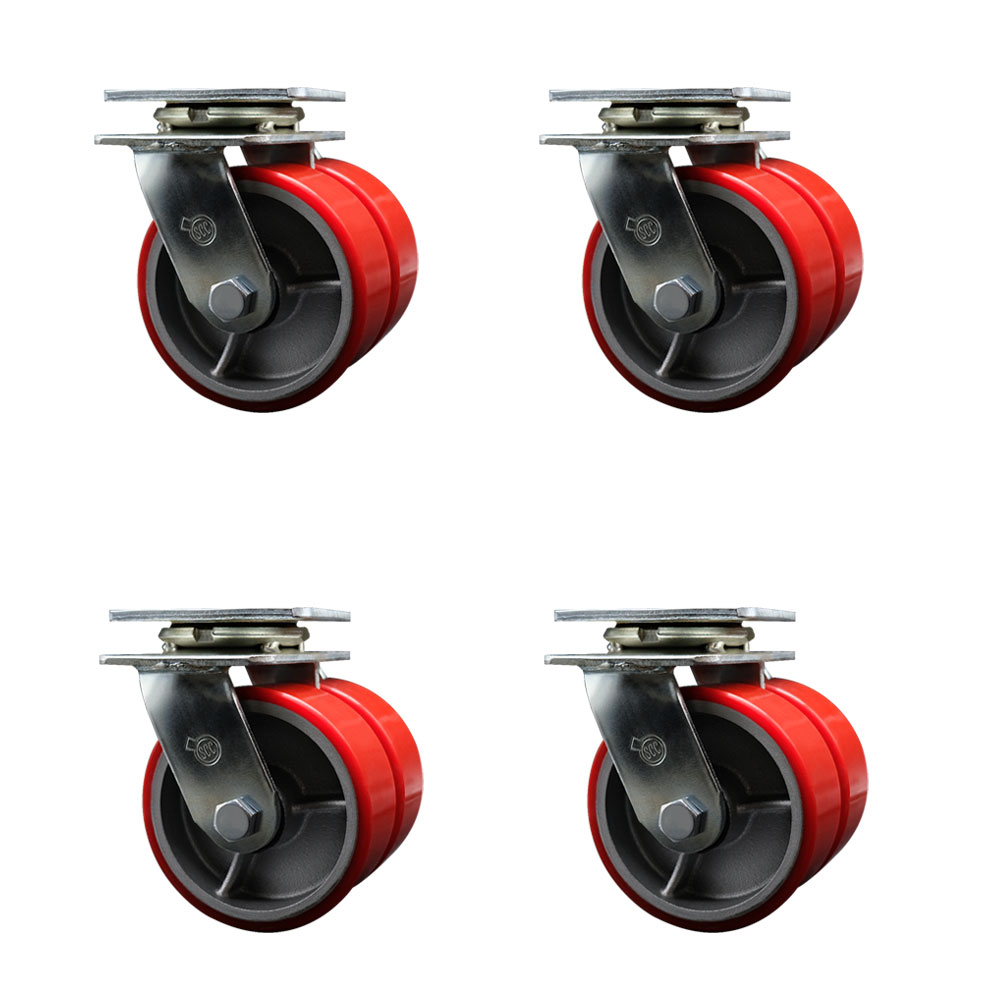 SCC-DW30CS520-PUR-RS-4 Heavy Duty Swivel Caster with Dual 5 in. Red Polyurethane on Cast Iron Wheels - 5000 lbs Total Capacity - Set of 4