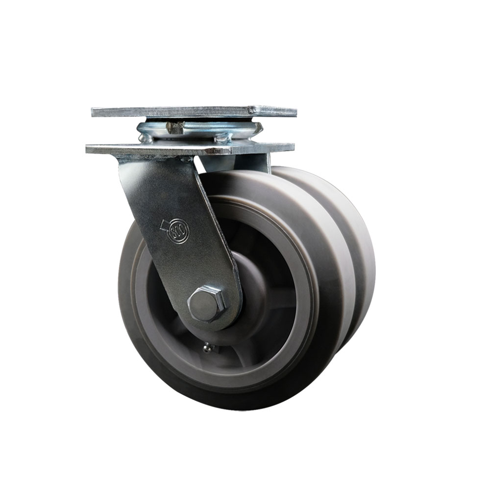 Heavy Duty Swivel Top Plate Caster with Dual 6 in. Thermoplastic Rubber Flat Tread Wheels & Ball Bearings - 1000 lbs Capacity per Caster