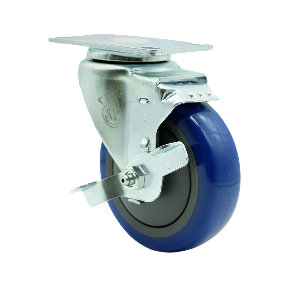 Replacement Caster for Uline Caster H-7448SWB - Stainless Steel Swivel Top Plate Caster with 4 in. Blue Polyurethane Wheel & Top Lock Brake