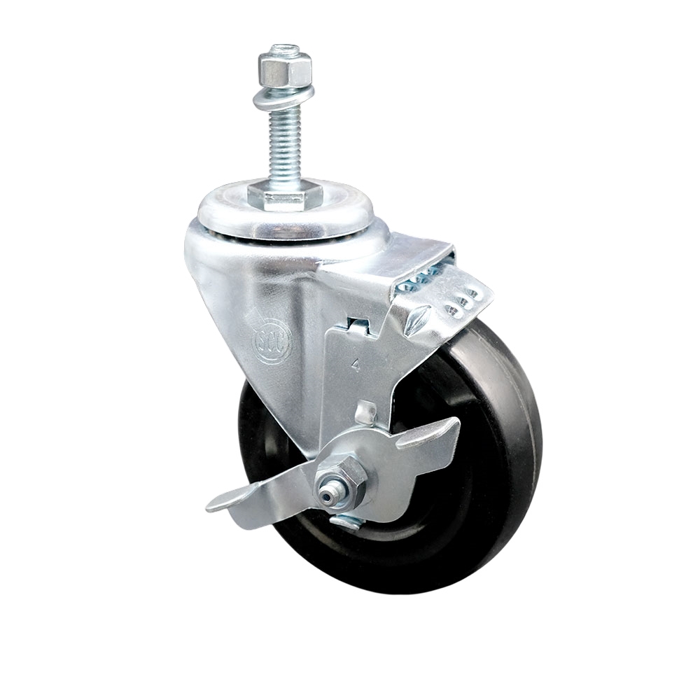 SCC-TS20S414-HRS-TLB-381615 Hard Rubber Swivel Threaded Stem Caster with 4 x 1.25 in. Black Wheel & 0.38 in. Stem & Top Locking Brake