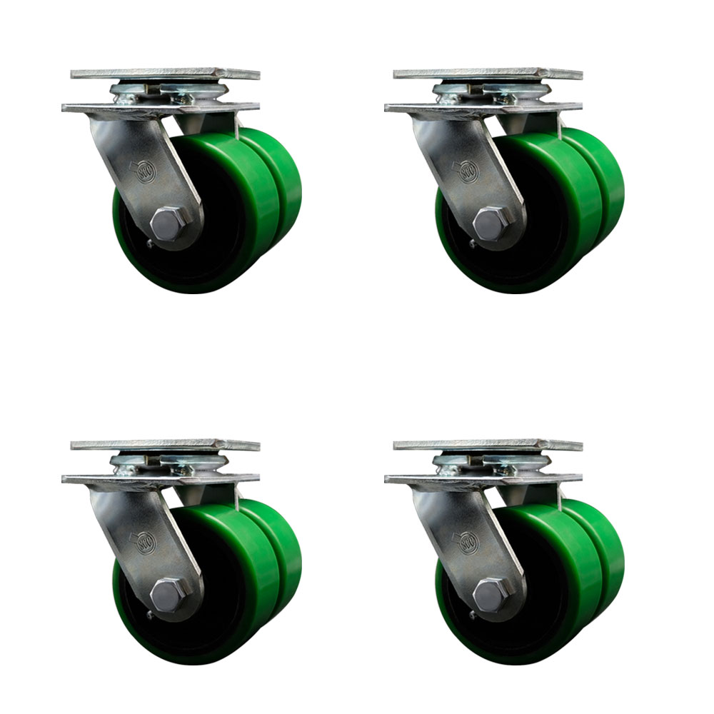 Heavy Duty Swivel Caster with Dual 4 in. Green Polyurethane on Cast Iron Wheels & Ball Bearings - 5000 lbs Total Capacity - Set of 4