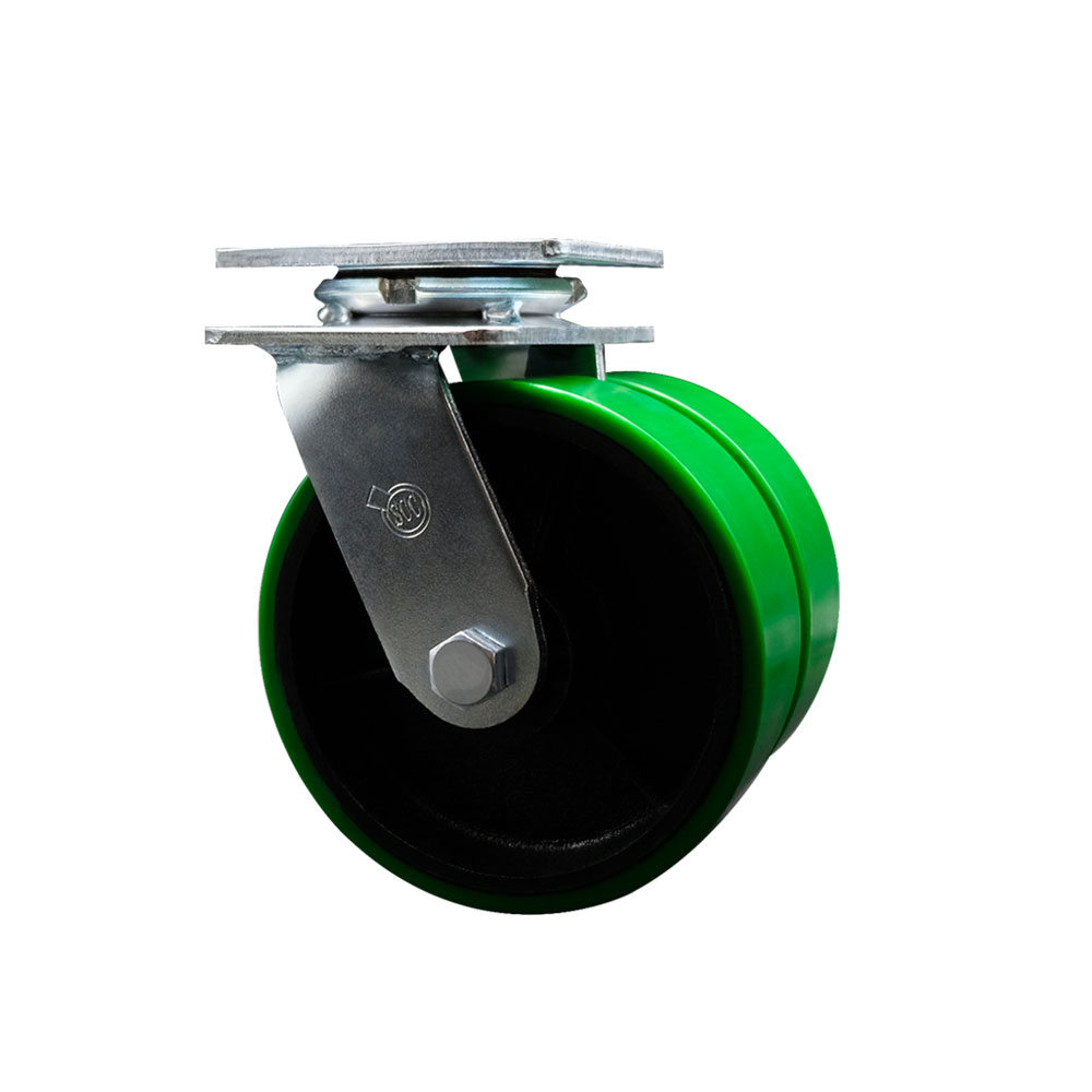 Heavy Duty Swivel Top Plate Caster with Dual 6 in. Green Polyurethane on Cast Iron Wheels & Ball Bearings - 1250 lbs Capacity per Caster