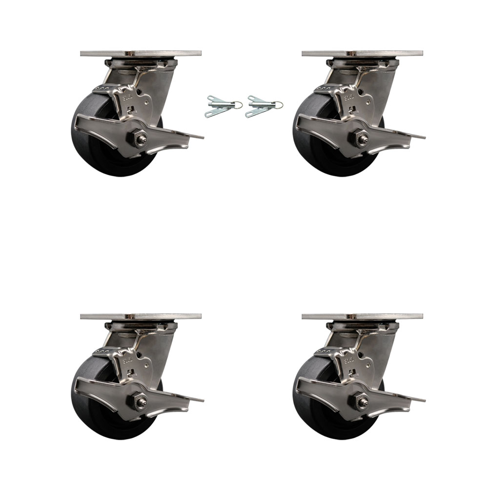 SCC-SS31630S420-GFNB-TLB-BSL-2-TLB-2 316 Stainless Steel Heavy Duty Swivel Caster Set with 4 in. Glass Filled Nylon Wheels & Ball Bearing