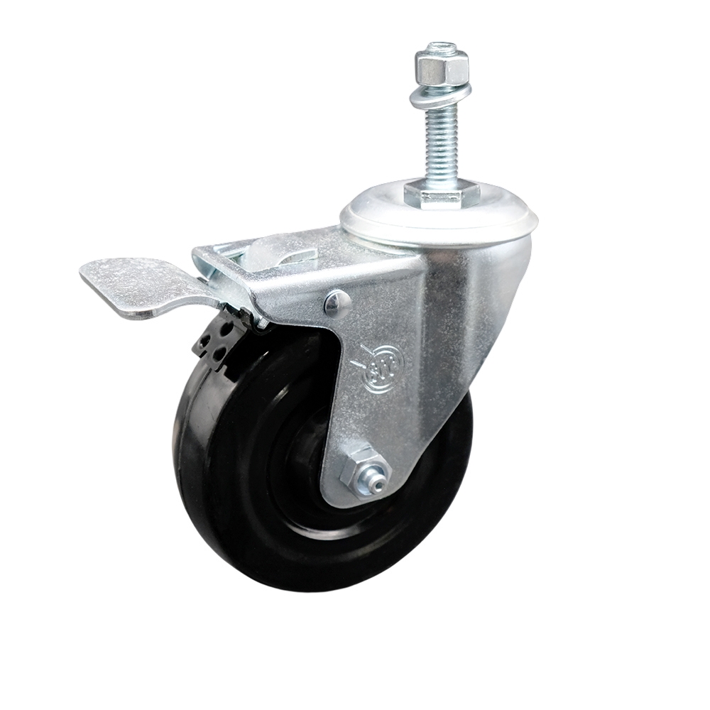 Stainless Steel Hard Rubber Swivel Threaded Stem Caster with 4 x 1.25 in. Black Wheel & 0.38 in. Stem & Total Locking Brake