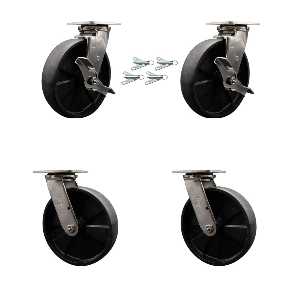 SCC-SS31630S820-GFNB-TLB-BSL-2-BSL-2 316 Stainless Steel Heavy Duty Swivel Caster Set with 8 in. Glass Filled Nylon Wheels & Ball Bearing