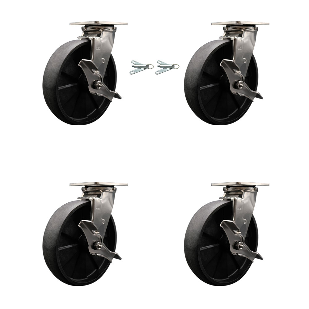 SCC-SS31630S820-GFNB-TLB-BSL-2-TLB-2 316 Stainless Steel Heavy Duty Swivel Caster Set with 8 in. Glass Filled Nylon Wheels & Ball Bearing