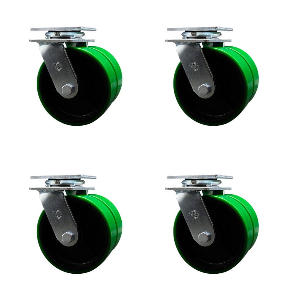 Heavy Duty Swivel Caster with Dual 6 in. Green Polyurethane on Cast Iron Wheels & Ball Bearings - 5000 lbs Total Capacity - Set of 4